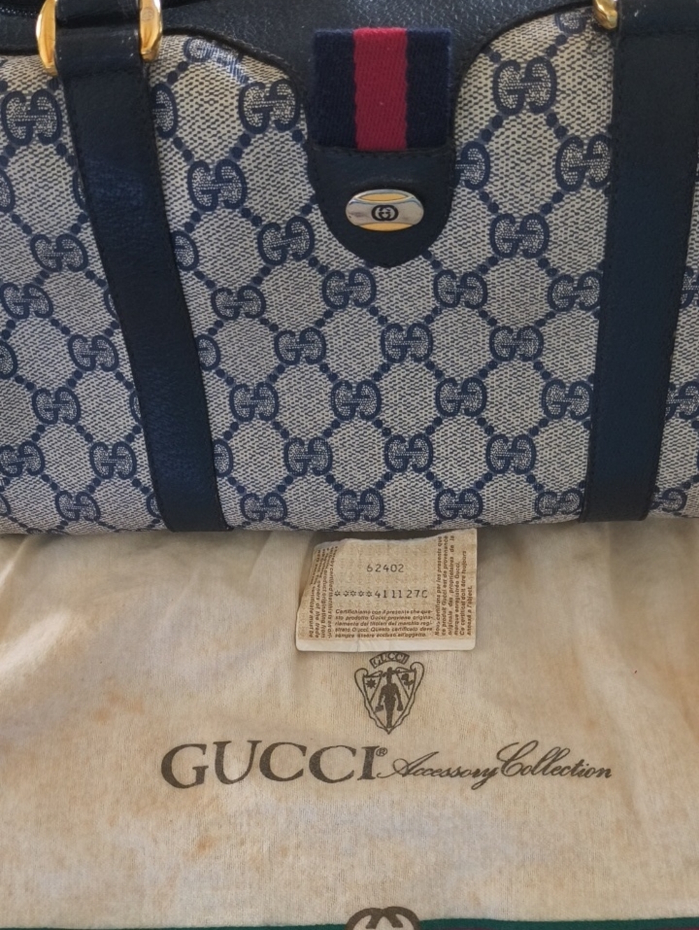 Authentic Anniversary Collection Gucci Navy and Beige GG Barrel with Red-Trim